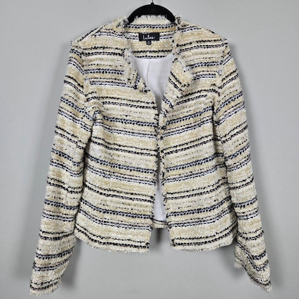 Lulus Women Fringe Tweed Blazer Jacket Medium Ivory Wool Striped Academia Preppy